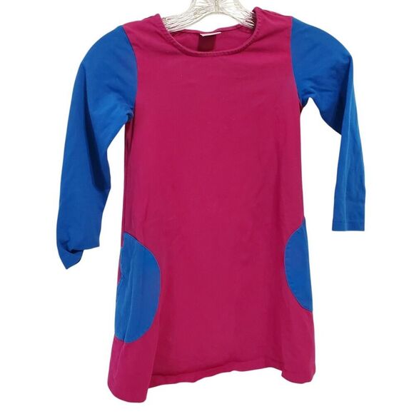 Hanna Andersson Dress Sz 120 / 6-7 Patch Pockets Long Sleeve Cotton Fuchsia Blue - Picture 1 of 5